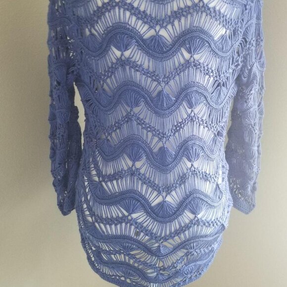 Chicos Blue Crochet Knit Beaded V-Neck Sweater Top Womens Size 1 - Picture 4 of 5